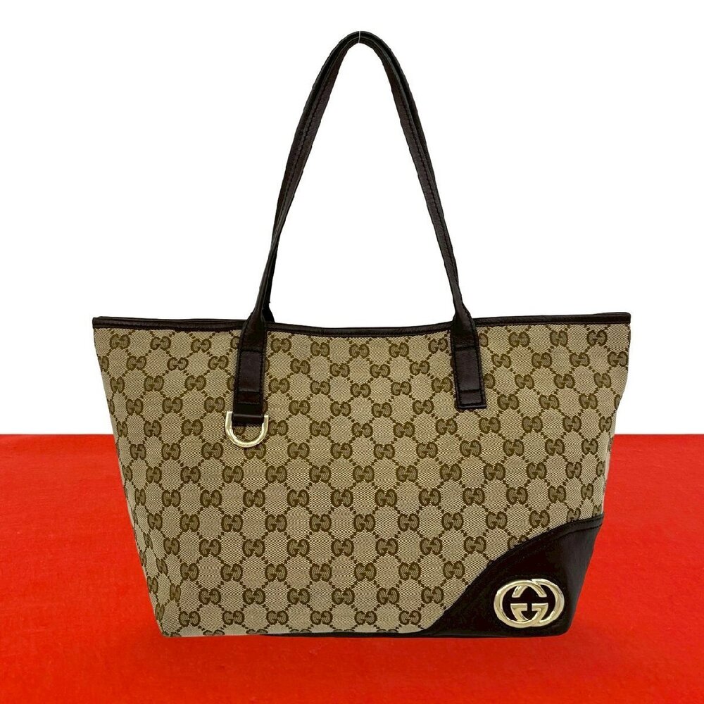 GUCCI GG canvas tote bag handbag Boston brown